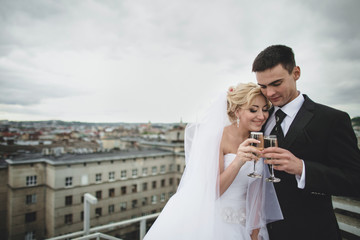 Newlyweds with the champagne on the roof with the spectacular vi