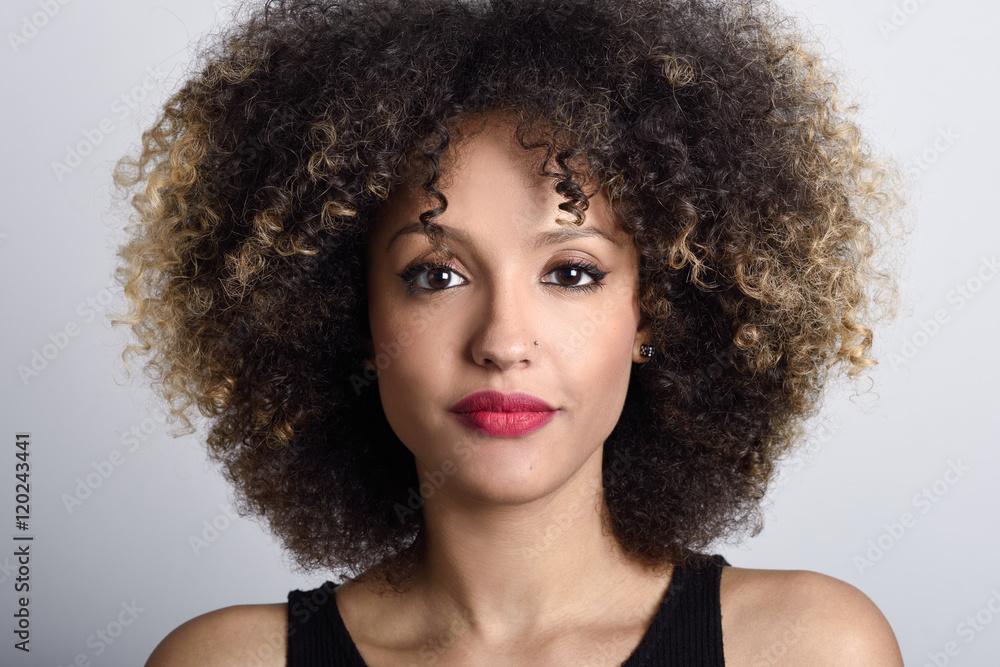 Sticker Young black woman with afro hairstyle on white background