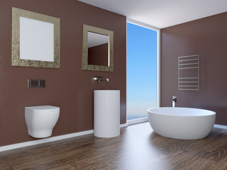 Naklejka na ściany i meble Modern interior of a bathroom in a city apartment. 3D Render