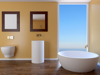 Obraz na płótnie Canvas Modern interior of a bathroom in a city apartment. 3D Render