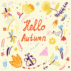 Autumn funny card with floral design and birds