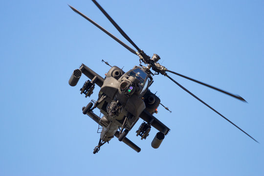 Front view of a flying attack helicopter