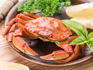 Cooked crab with lemon and herbs.