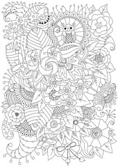 Fototapeta premium Coloring book for adult and older children. Coloring page with flowers and decorative elements