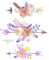 A decorative bouquets with the watercolor floral elements: succulents, flowers, antlers, leaves, feathers, arrows and branches, on a white background, decoration of a wedding invitation