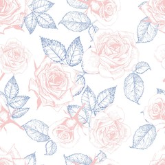 Vector seamless patern of roses. Hand drawn engraved vintage illustration.