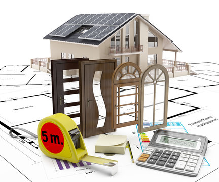 Puertas y ventanas para la casa con calculadora y cinta m&eacute;trica. Ahorro energ&eacute;tico