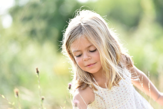 Portrait of cute little blond girl picking flowers in field