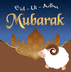 Vector greeting card design with cute Baby Sheep for Muslim Community, Festival of Sacrifice, Eid-Al-Adha Mubarak.