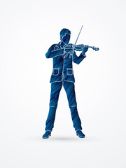 Violinist playing violin designed using blue grunge brush graphic vector.