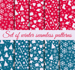 Set of winter seamless patterns with snowflakes, Christmas trees and toys. Christmas seamless patterns. Set vector illustration.