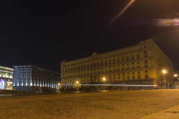 Naklejka premium The building of the Russian Federal Security Service on Lubyanka. Night scene in the center of Moscow