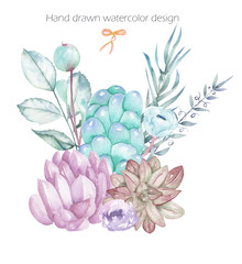 A decorative bouquet with the watercolor floral elements: succulents, flowers, leaves and branches, on a white background, for a greeting card or invitation
