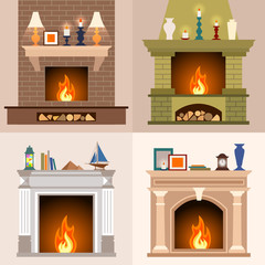 A set of four different fireplaces in flat style. Vector illustration.