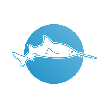 recommend clip art: Blue flat logo sawfish for company and business. Logotype of tourism, resort or hotel by the sea or ocean. Icon of animal jumping isolated. Vector design of label sign, app, UI and web.