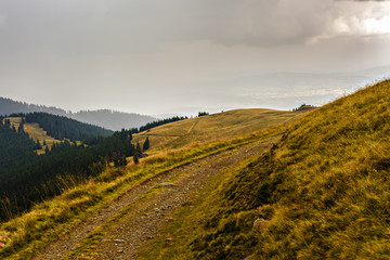 The road to the top of a mountain range covered with grass