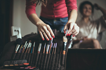 makeup artist prepared  palettes and tools makeup