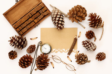 Top view of pine cones, gift box and blank card