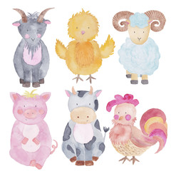 Farm Animals Watercolor Hand-painted  Illustrations Set Isolated on the white Kids Baby 
