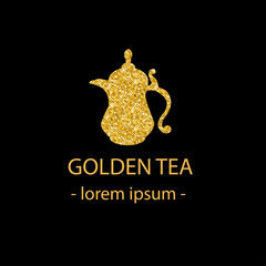 Golden pitcher. National Oriental dishes.Stylized image of Arab pitcher.Sign to create an identity for the store, the coffee shop.Effect of the Golden glitter.