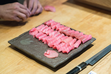Japanese Otoro Sashimi (Raw Belly Fatty Tuna).
