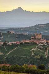 Serralunga d'Alba  (Le Langhe) at sunset with Monviso in the background