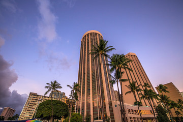 Prince Hotel Waikiki at sunset. Popular and luxurious hotel overlooking the Ala Wai Harbor, the...
