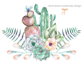 A decorative bouquet with the watercolor floral elements: succulents, flowers, leaves and branches, on a white background, for a greeting card or invitation
