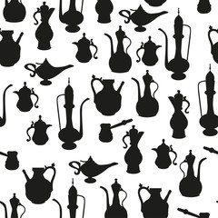 Eastern utensils. Seamless vector pattern. Black and white image of the silhouettes of ancient Arab pottery. Black and white image