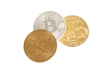 Three bitcoin coins gold, silver and  bronze