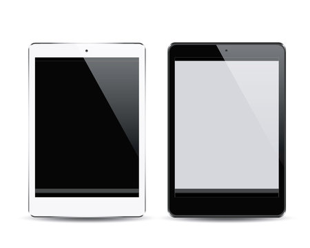 Realistic black and white tablet pc computers with blank screen isolated on white background. Vector eps10 illustration