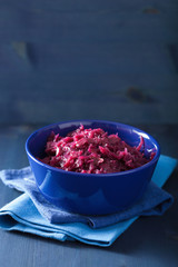 pickled red cabbage in blue bowl