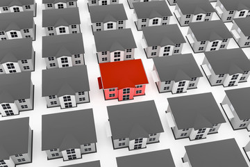 Colored house among gray houses, 3D-Illustration