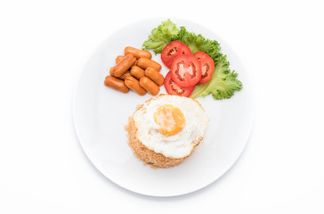 fried rice with sausage and fried egg