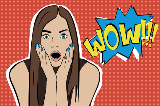 Pop art surprised brunette woman face with open mouth. Comic woman with speech bubble. Vector illustration.