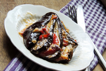 Eggplant baked in the shape of a fan