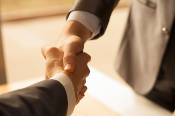 Two men shaking hands over sunny office background. Partnership,