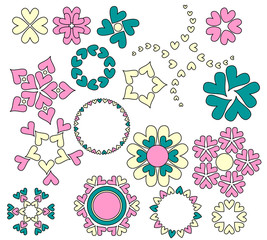Pink, green and yellow heart ornaments