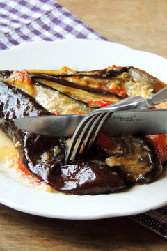 Eggplant baked in the shape of a fan