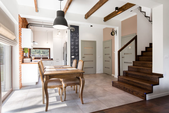 Spacious kitchen with stairs