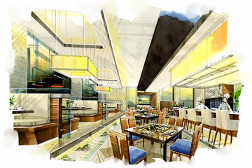 sketch interior all day into a watercolor on paper.