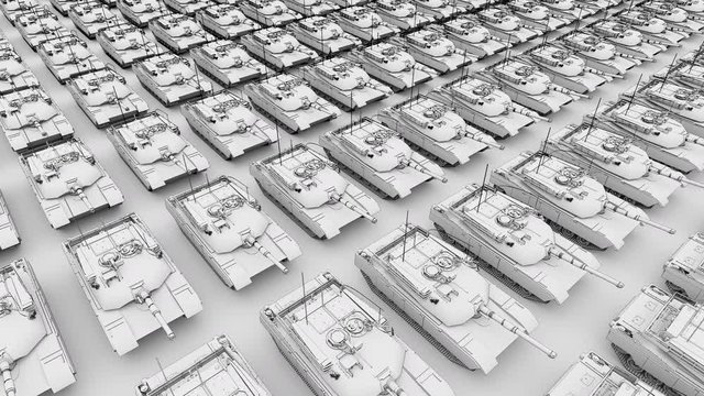 Multiple army tanks rows, aerial view sketch animation. Seamless loopable 4K clip