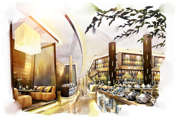 Obraz premium sketch interior all day into a watercolor on paper.