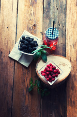 Fresh drink with raspberries and blackberries. Copyspace