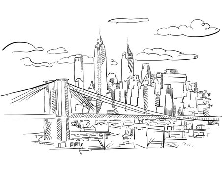Manhattan and Brooklyn Bridge detailed Sketch