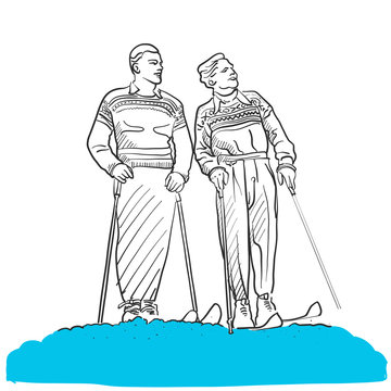 Two Vintage Skiing People looking into Sky