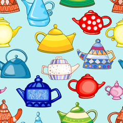 Seamless pattern of hand-drawn and painted teapots. 