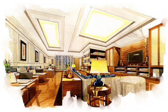 sketch perspective interior living office  into a watercolor on paper.