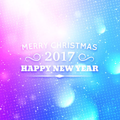 Greeting card for Merry Christmas and Happy New Year 2017. Abstract colorful blurred vector background with bokeh lights, rays and typography text for winter holidays in center