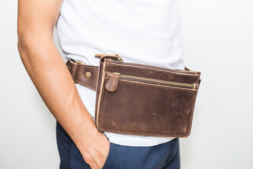 Men wear handmade of brown genuine leather belt bag